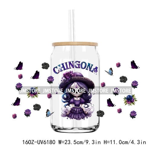 Day Of The Dead Mexican Chingona Lady Skull UV DTF Sticker For 16OZ Libbey Glass Cup Can Wrap Transfer Stickers DIY Custom Label