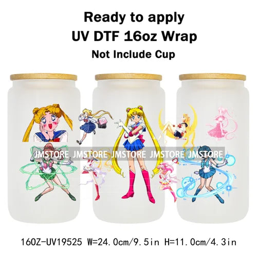 Sailor Girls Inspired Anime Fan Cartoon Characters UV DTF Transfer Sticker Cup Tumbler Wrap For 16OZ Libbey Glass Wraps Bottle