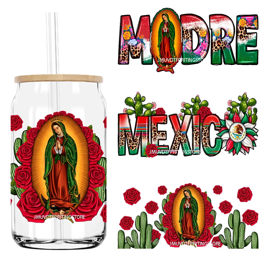 Mexico Faith Lady With Roses 16OZ UV DTF Cup Wrap Transfers Stickers Custom Labels DIY Waterproof Logo For Libbey Glass Can