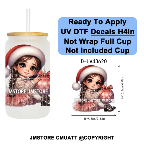 Chibi Cute Mexican Christmas Baby Girl UV DTF Decals Ready To Apply Waterproof Transfer Stickers For 16OZ Libbey Glass Can Mugs