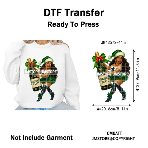 Wine Christmas Black Girls Santa Cheer Winter Holiday Party Iron on Washable DTF Transfers Stickers Ready to Press for Textiles