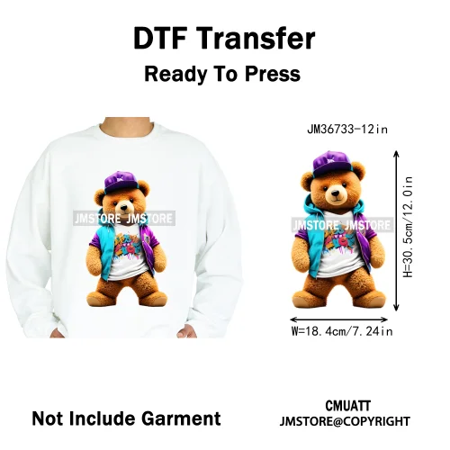 12in Cool Retro Urban Streetwear Graffiti Hip Hop Teddy Bear Iron On DTF Washable Transfers Stickers Ready to Press For Clothing