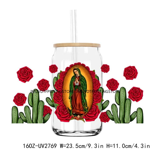 Mexico Faith Lady With Roses 16OZ UV DTF Cup Wrap Transfers Stickers Custom Labels DIY Waterproof Logo For Libbey Glass Can