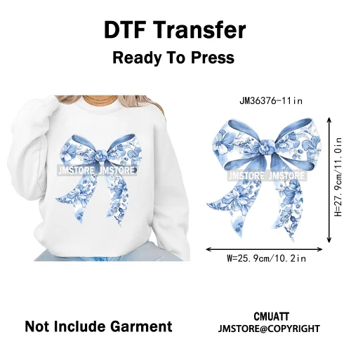 Blue And White Toile Chinoiserie Floral Coquette Bow Thermal Decals Iron on DTF Transfers Stickers Ready to Press for Clothing