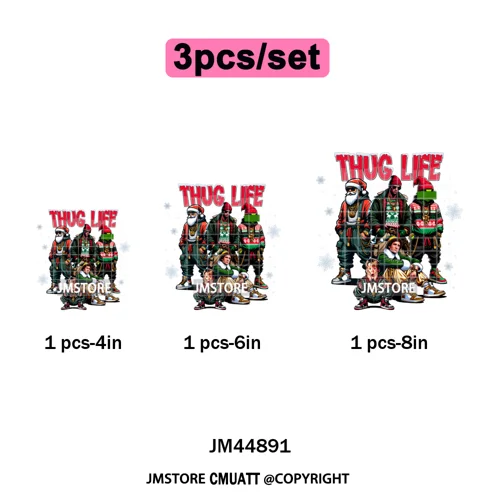 Winter Christmas Cartoon Holiday Characters Thug Life Green Iron on Washable DTF Transfers Stickers Ready to Press for Textiles