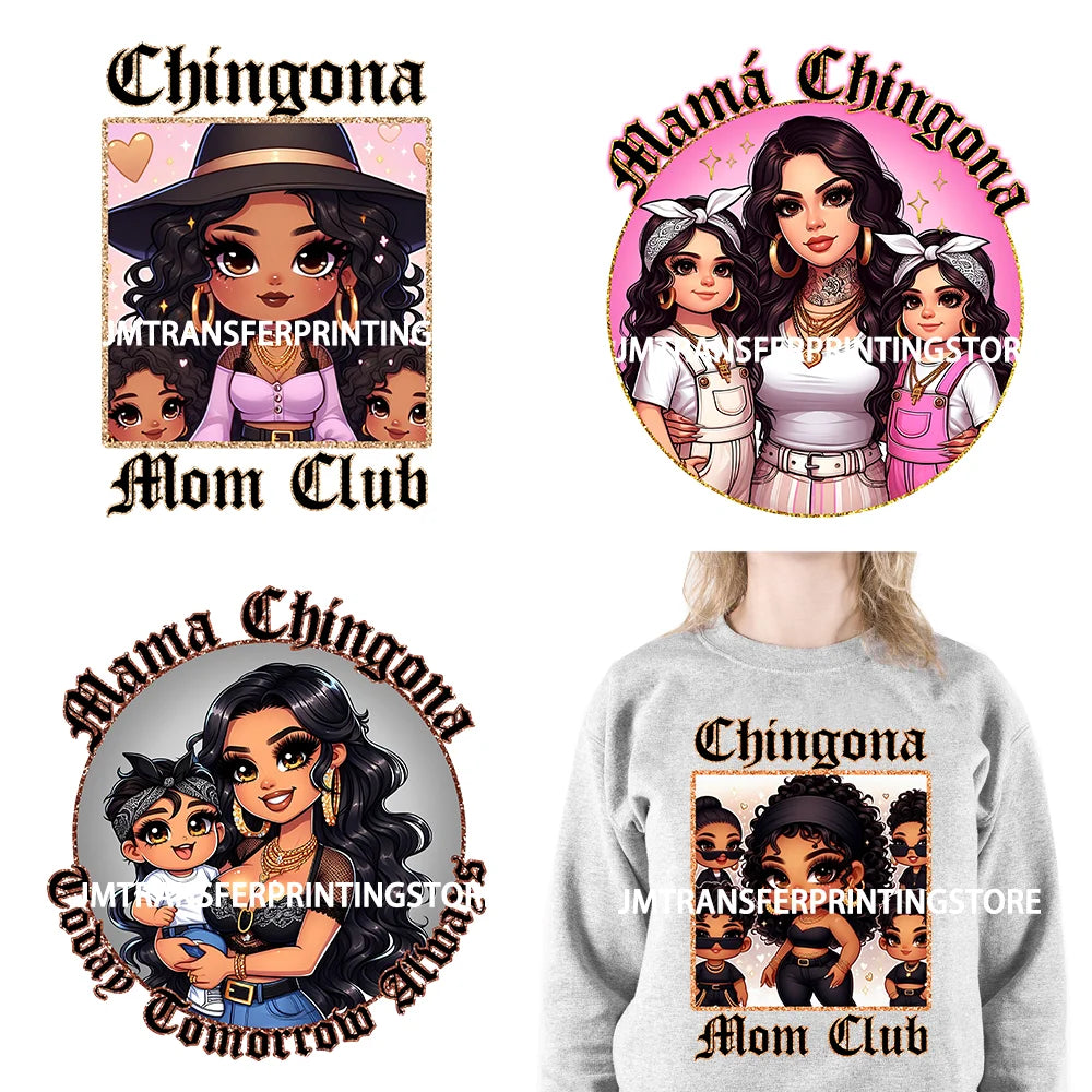 Latina Chicano Mom Iron On Transfer Patches Mama Chingona Mexican Chibi Style Mother's Day DTF Transfer Stickers For Hoodies