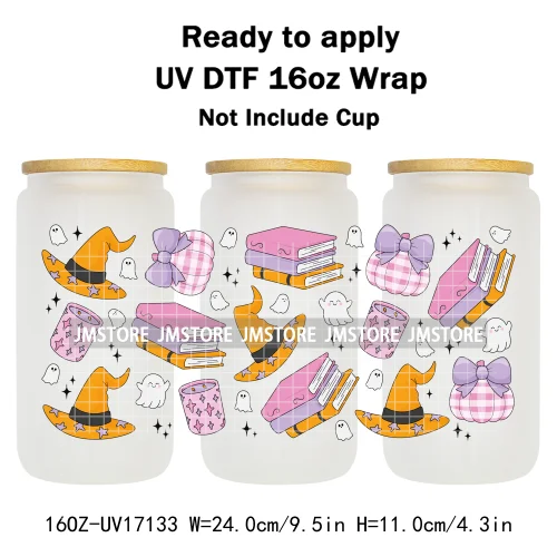 Spooky Season Halloween Pumpkin Ghost Witch Dogs UV DTF Wraps Transfer Sticker Selfadhesive Waterproof For 16OZ Libbey Glass Can
