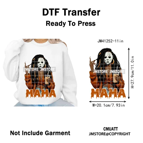 Coffee Lover Afro Mama Spooky Halloween Killer Cartoon Women Iron on Washable DTF Transfers Stickers Ready to Press for Hoodies