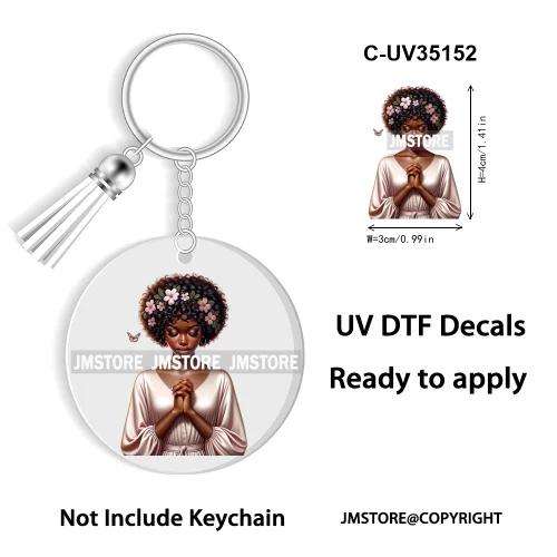 Christian Jesus God Pray Afro Girl UV DTF Decal Round Keychain Ready To Apply WaterProof Transfer Stickers For Circle Keychain