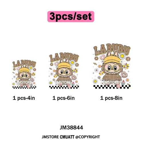 Floral Cute Checkered Cartoon Monster Character Iron on DTF Washable Transfers Stickers Designs Ready to Press for Textile Bags
