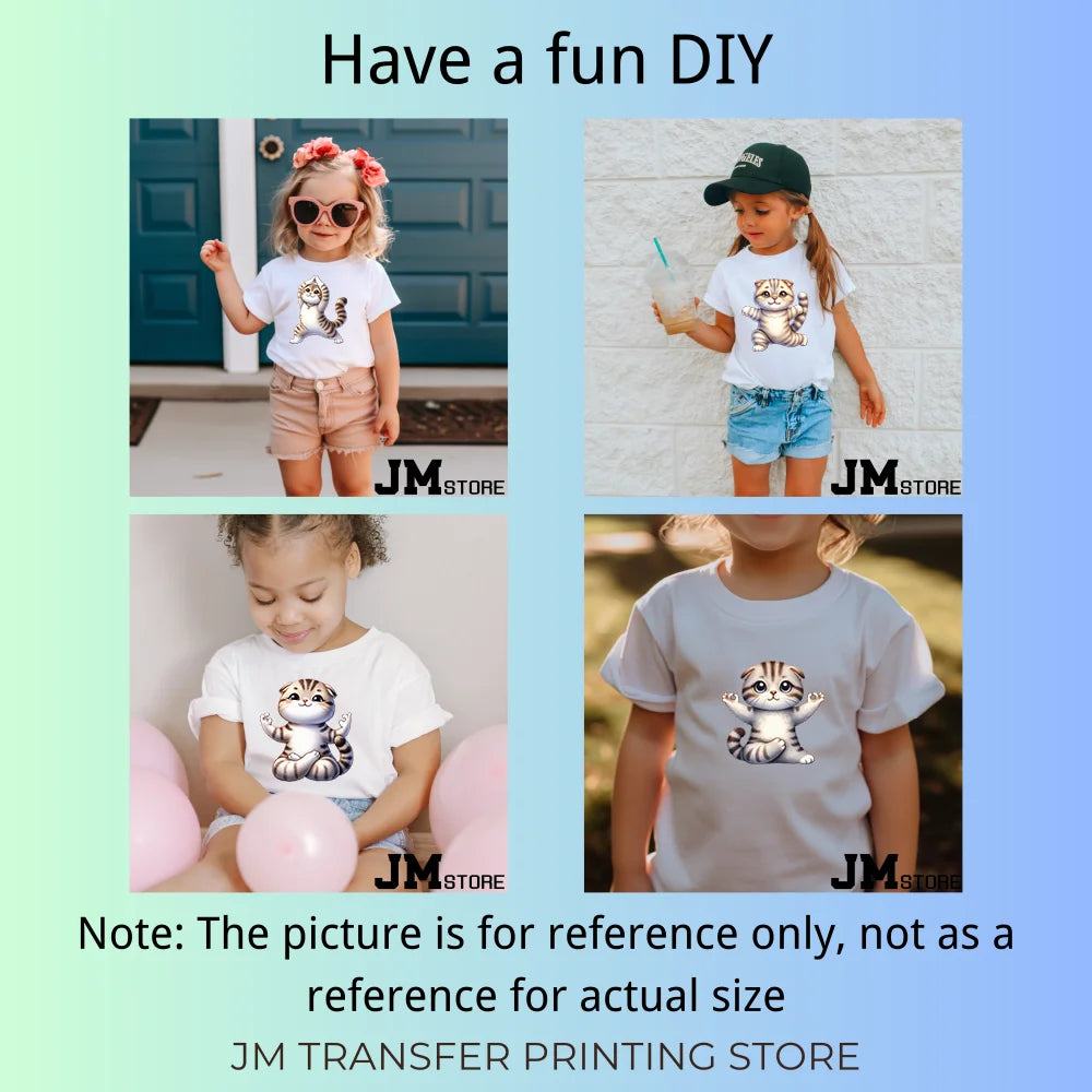 15cm 5.9in Kids Yoga Kungfu Cat Iron On Transfer Stickers For Clothes DTF Printed Vinyl Thermal Appliques Washable T-Shirt Decal