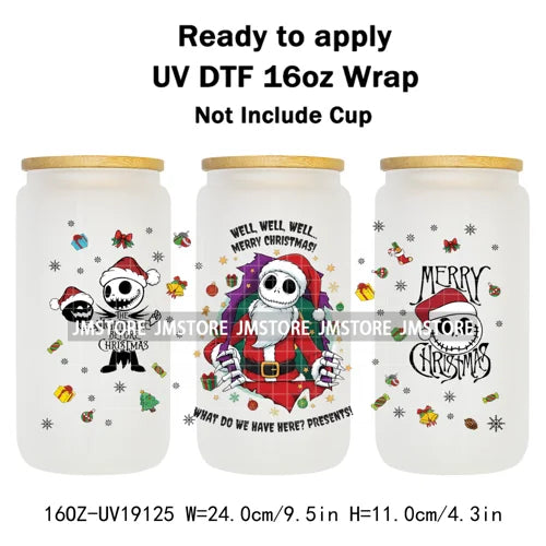 Skeleton Nightmare Before Christmas UV DTF Transfer Sticker Cup Tumbler Wrap For 16OZ Libbey Glass Wraps Bottle Mug DIY Labels