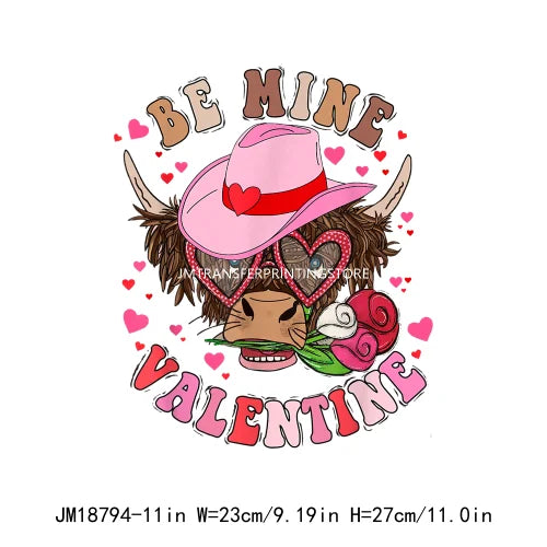 Hot Sale Western Highland Cow Pink Be Mine Heifer Valentine Printing DTF I Love Moo XOXO Heat Transfer Stickers For Hoodies