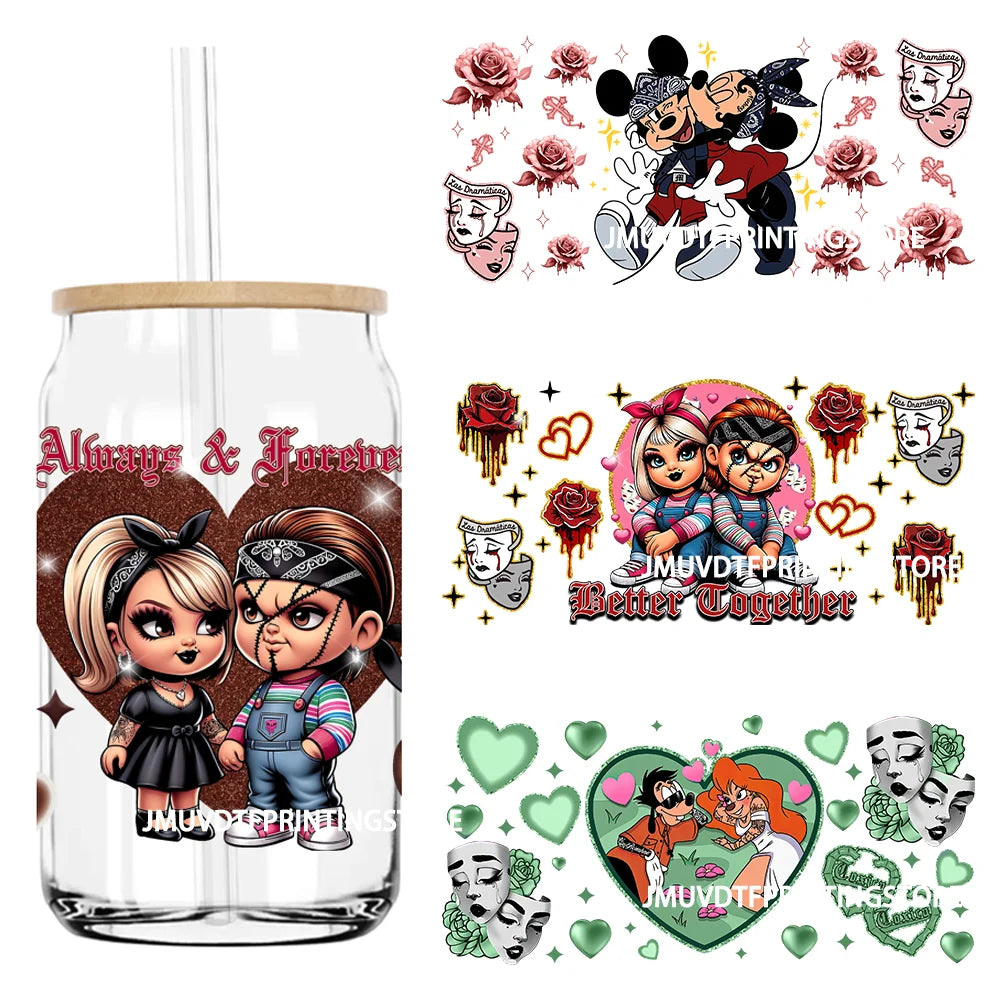 Cartoon Valentines Couple Love 16OZ UV DTF Cup Wrap Transfers Stickers Custom Labels DIY Waterproof Logo For Libbey Glass Can