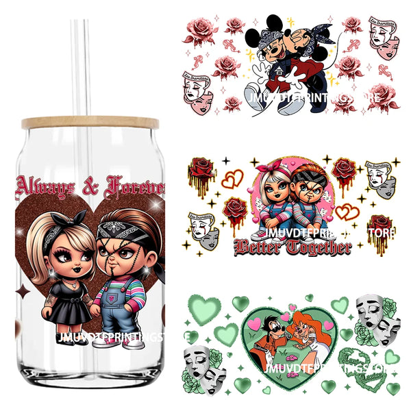 Cartoon Valentines Couple Love 16OZ UV DTF Cup Wrap Transfers Stickers Custom Labels DIY Waterproof Logo For Libbey Glass Can