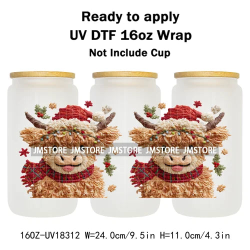 Faux Crochet Yarn Christmas Highland Cow 16OZ UV DTF Cup Wraps Ready To Apply Waterproof Transfer Stickers For Libbey Glass Can