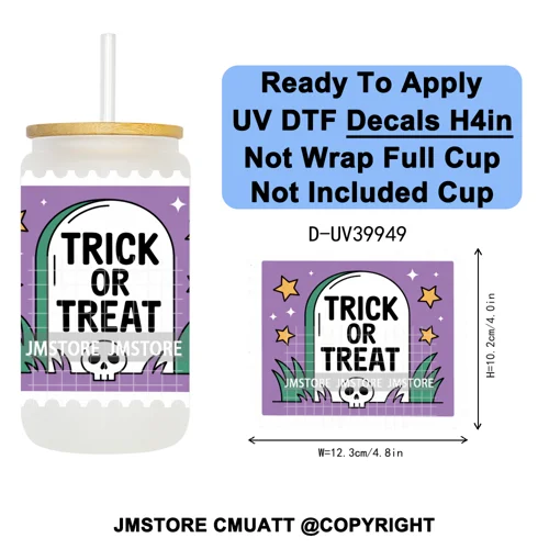 Halloween Stamps Trick Or Treat UV DTF Decals Ready To Apply Waterproof Transfer Stickers DIY Crafts For 16OZ Libbey Glass Can