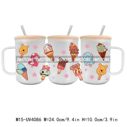 Cartoon Best Friends UV DTF Glass Can Wrap For 15OZ Mug Glass Cup Transfer Stickers DIY Custom Logo Labels Cute Cat Sunflowers