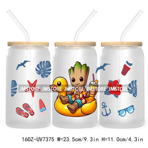 Hero Cartoon Summer Vacation 16OZ UV DTF Cup Wrap Transfers Stickers Custom Labels Durable Waterproof Logo For Libbey Glass Can