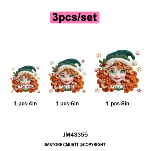Cute Faux Knitting Yarn Princess Cartoon Character Christmas Holiday Iron on DTF Transfers Stickers Ready to Press for Hoodies