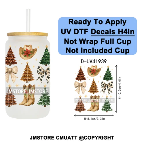 Christmas Santa Claus Patchwork UV DTF Decals Ready To Apply Waterproof Transfer Stickers DIY Crafts For 16OZ Libbey Glass Can