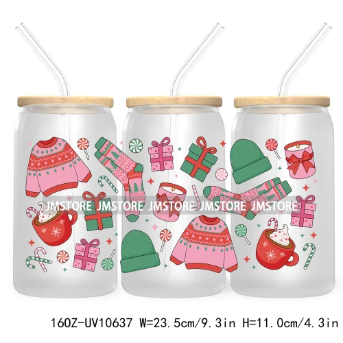 Book Lover Merry Christmas Bow UV DTF Cup Wraps Transfers Sticker For 16OZ Libbey Glass Can Xmas Cheer Coffee Cup Winter Basics