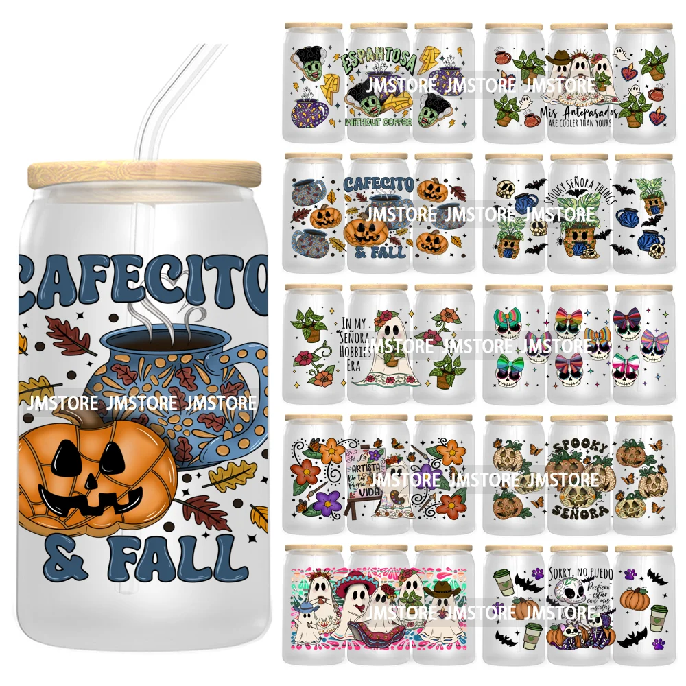 Cafecito Fall Latina Halloween 16OZ UV DTF Cup Wrap Transfer Stickers Custom Labels Durable Waterproof Logo For Libbey Glass Can