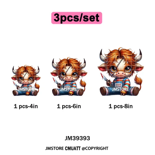 Horror Spooky Cartoon Baby Highland Cow Halloween Vibes Animal Iron on DTF Washable Transfers Sticker Ready to Press for Hoodies