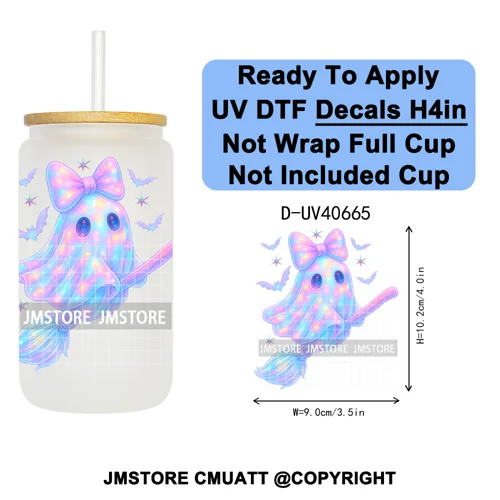 Iridescent Ghost Pumpkin Coquette Halloween UV DTF Transfer Stickers Decals Ready To Apply Waterproof For 16OZ Libbey Glass Can