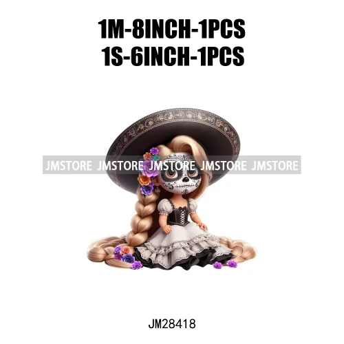 Colorful Day Of The Dead Catrina Princess Baby Girl Sombrero Hat Mexico Conchas Iron On DTF Heat Transfers Stickers For Clothing