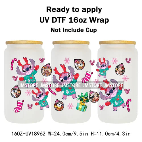 Festive Mouse Christmas Candy Cane 16OZ UV DTF Cup Wraps Ready To Apply Waterproof Transfer Stickers For Libbey Glass Can Bottle