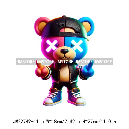 Cool Neon Colorful Hip Hop Streetwear Urban Teddy Bear Iron On DTF Transfers Stickers Ready To Press For Clothing Bags