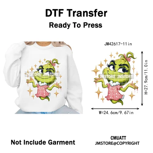 Faux Glitter Cartoon Christmas Movie Green Santa Kid Girly Xmas Iron on DTF Washable Transfer Sticker Ready to Press for Textile