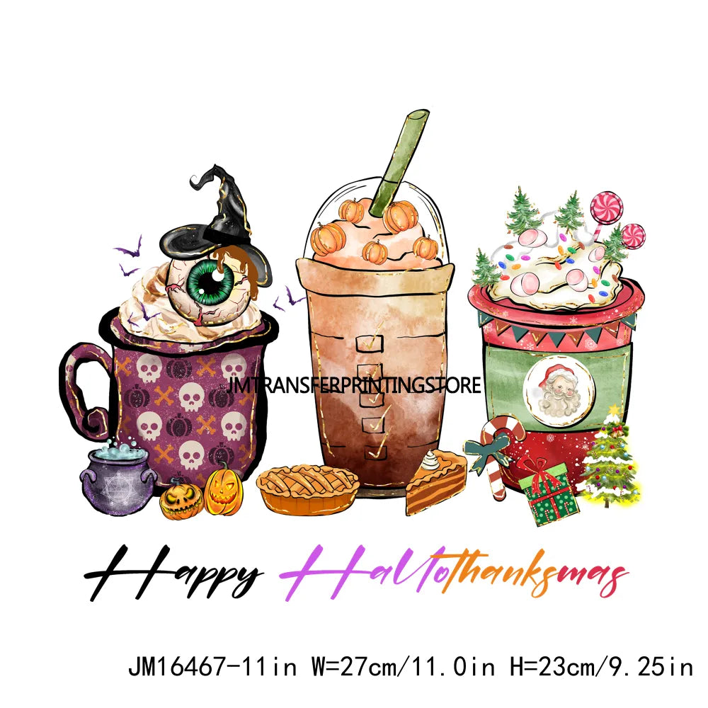 Eat Drink And Be Thankful Hallothanksmas Decals Santa Gnome Coffee Cup Animal Pumpkin Iron On DTF Transfer Sticker For Clothing