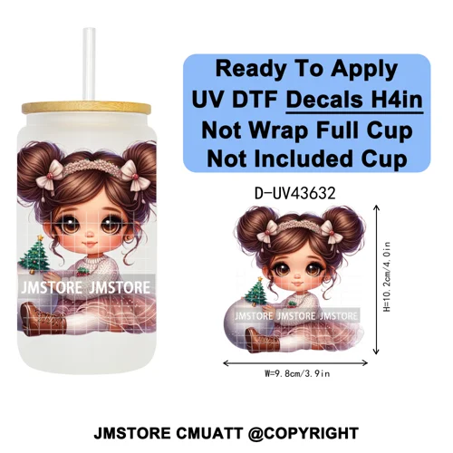 Chibi Cute Mexican Christmas Baby Girl UV DTF Decals Ready To Apply Waterproof Transfer Stickers For 16OZ Libbey Glass Can Mugs