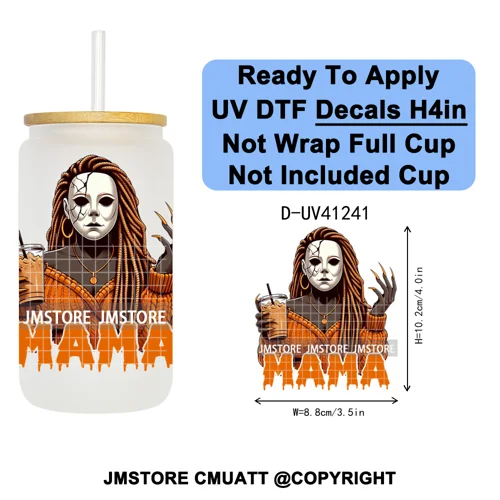 Spooky Mama Skullface Halloween UV DTF Decals Ready To Apply Waterproof Transfer Stickers DIY Crafts For 16OZ Libbey Glass Can