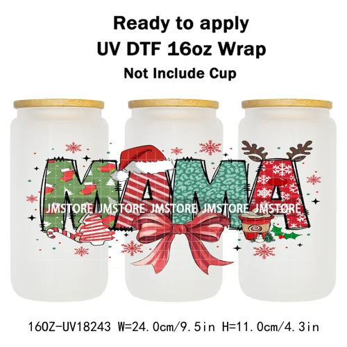 Christmas Mama Mini Coquette Family Xmas 16OZ UV DTF Cup Wraps Ready To Apply Waterproof Transfer Stickers For Libbey Glass Can