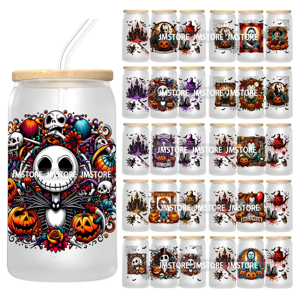 Scary Movies Halloween 16OZ UV DTF Cup Wrap Transfer Stickers Custom Labels Waterproof Logo For Libbey Glass Can Spooky Season