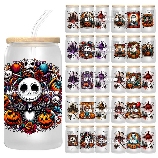 Scary Movies Halloween 16OZ UV DTF Cup Wrap Transfer Stickers Custom Labels Waterproof Logo For Libbey Glass Can Spooky Season