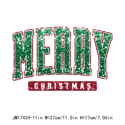 Merry And Bright Faux Glitter Sequin Christmas Santa Stickers DTF Iron On Looking Like A Snack Transfer Printing For T-Shirts