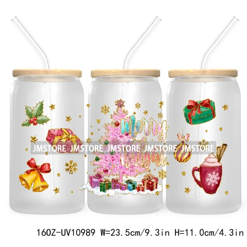 Coquette Glitter Holly Jolly Christmas Tree UV DTF Cup Wrap For Libbey Glass Can Transfer Stickers Waterproof Custom Labels Gift