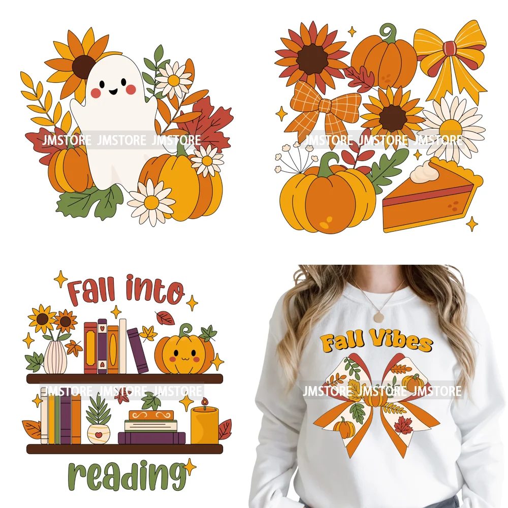 Fall Into Reading Sunflower Pumpkin Coquette Autumn Season Vibes Iron on DTF Heat Transfers Stickers Ready to Press for T-shirts