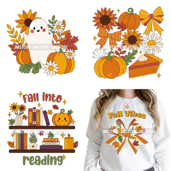 Fall Into Reading Sunflower Pumpkin Coquette Autumn Season Vibes Iron on DTF Heat Transfers Stickers Ready to Press for T-shirts