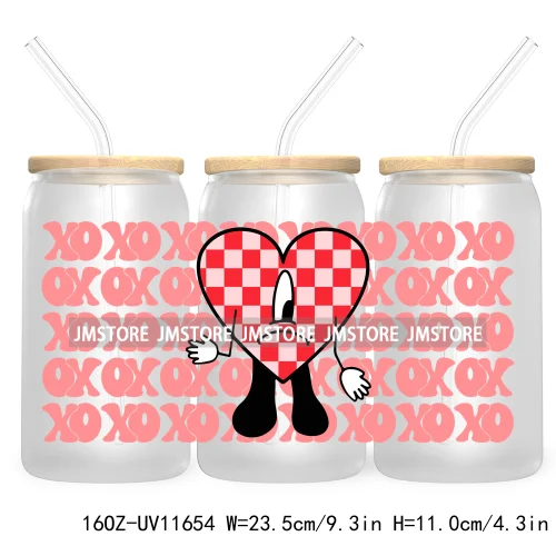 Cute Cartoon Couple XOXO Valentine's Day UV DTF Cup Wrap Transfer Stickers For 16OZ Libbey Glass Can Cupid Vibes Love Hearts