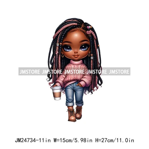 Dreadlocks Coffee Chibi Black Girls Pink Fashion African American Denim Girl Iron On DTF Heat Press Transfer Stickers For Shirts