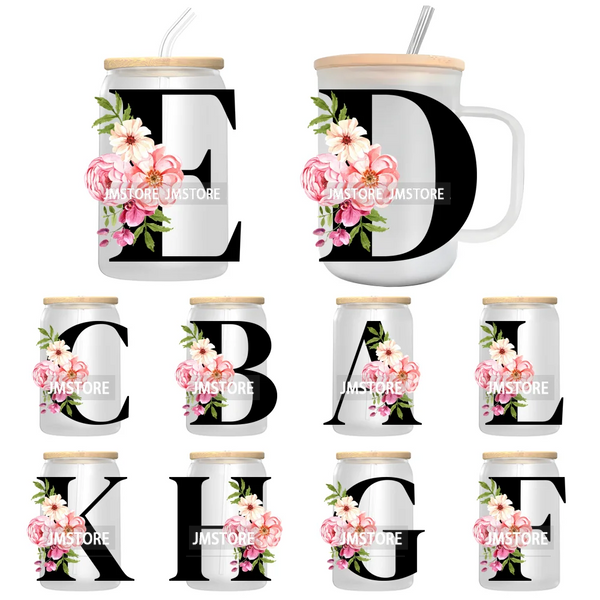 Floral Flowers Alphabet Letter Monogram UV DTF Transfer Stickers Decals For Libbey Cold Cups Mugs Tumbler Waterproof Custom Logo