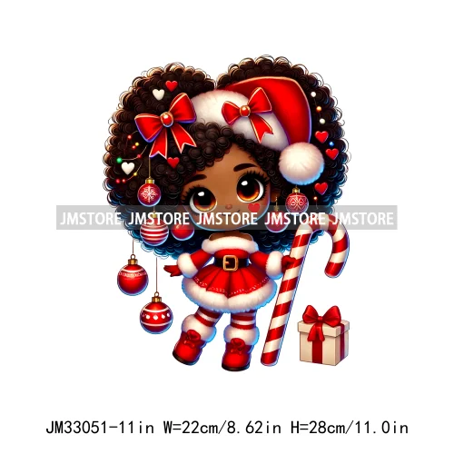 Cute Santa Hat Baby Afro Girls Coquette Bow Christmas Festive Holiday Iron On DTF Transfer Stickers Ready To Press For Clothing