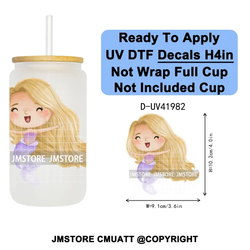 Cute Little Mermaid Cartoon Princess Festive UV DTF Transfer Stickers Decals Ready To Apply Waterproof For 16OZ Libbey Glass Can