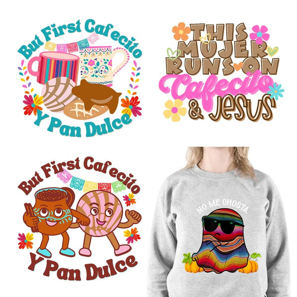 DIY Cafecito Y Chisme Latin Mexico Culture Thermal Design Colorful No Me Ghosta DTF Transfer Stickers Ready To Press For Hoodies