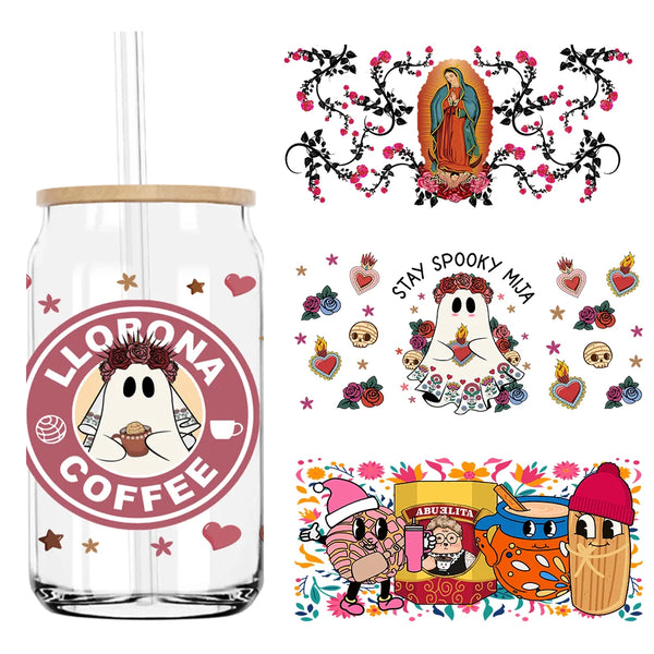 Llorona Coffee Mexican Spooky Conchas UV DTF Stickers For 16OZ Libbey Glass Cup Can Wrap Transfer Sticker Custom Labels DIY Logo